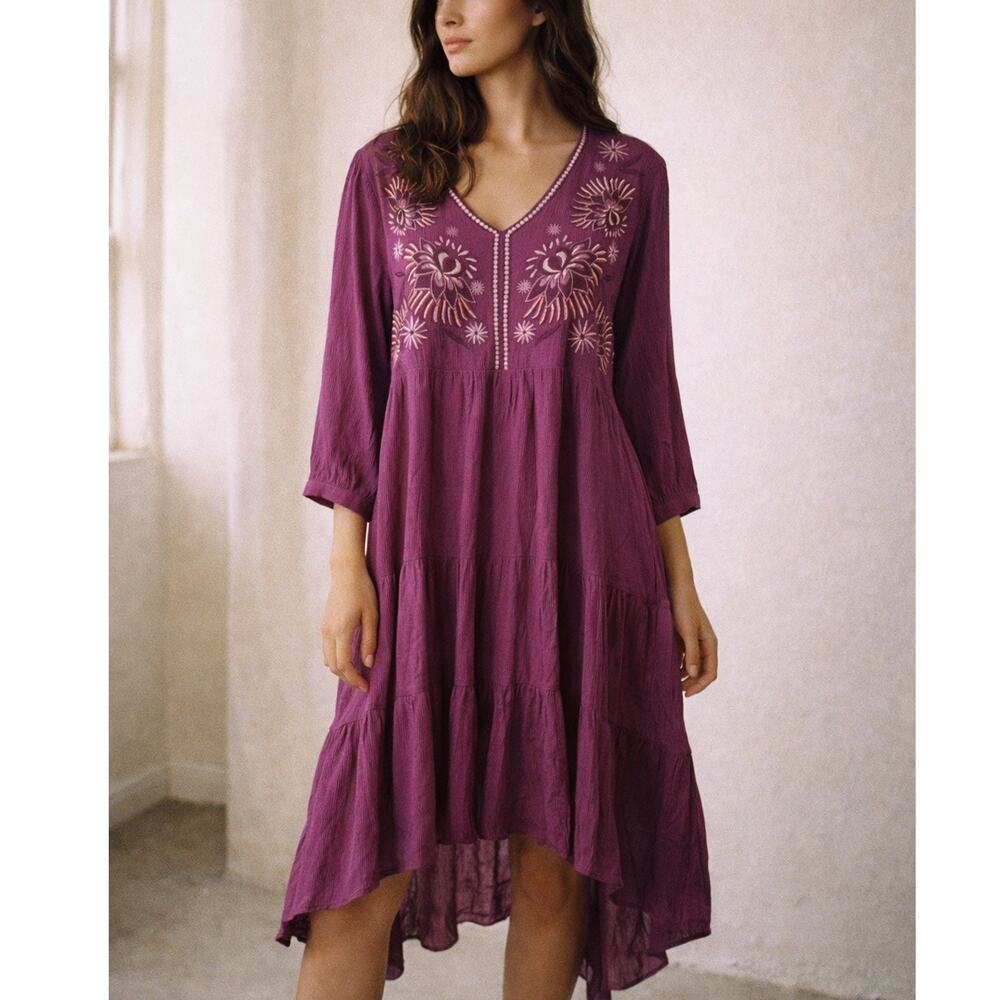 Floral Embroidered Asymmetrical Fairy Long Sleeve Dress Magenta Boho Size M NWT